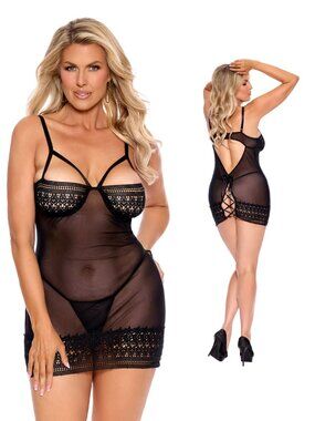 Plus Size Sexy Black Lingerie Mesh Crochet Lace Underwire Babydoll Set